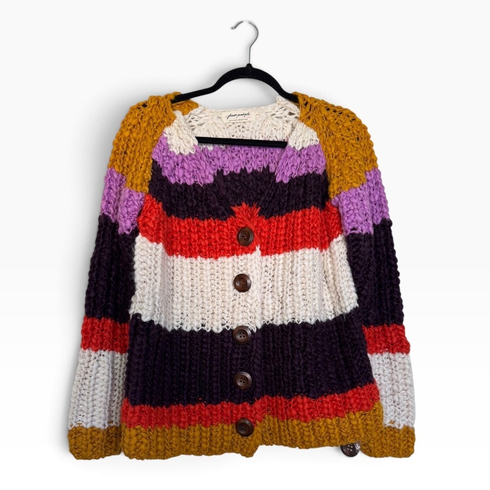 Free People Chunky Knit Striped Cardigan Myles Stripes Sweater Multicolor NWOT